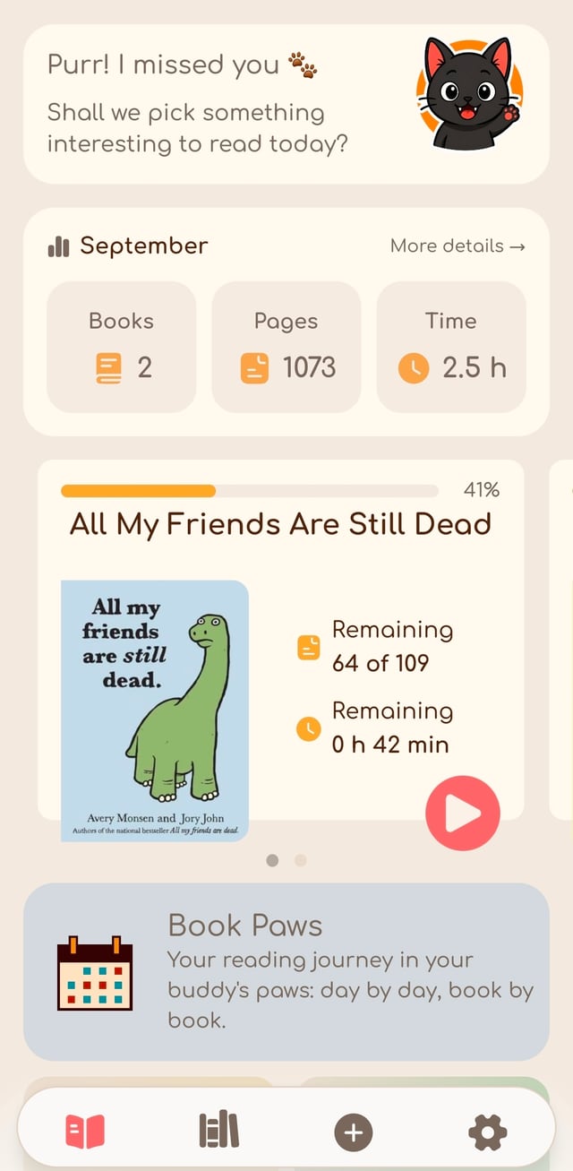 Booktail home screen: a greeting from the buddy, monthly stats and the book in progress