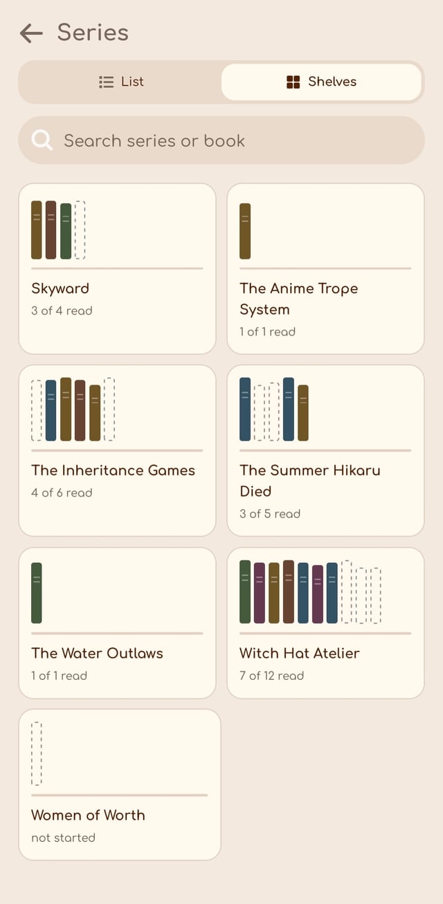 Series screen with volumes grouped on shelves