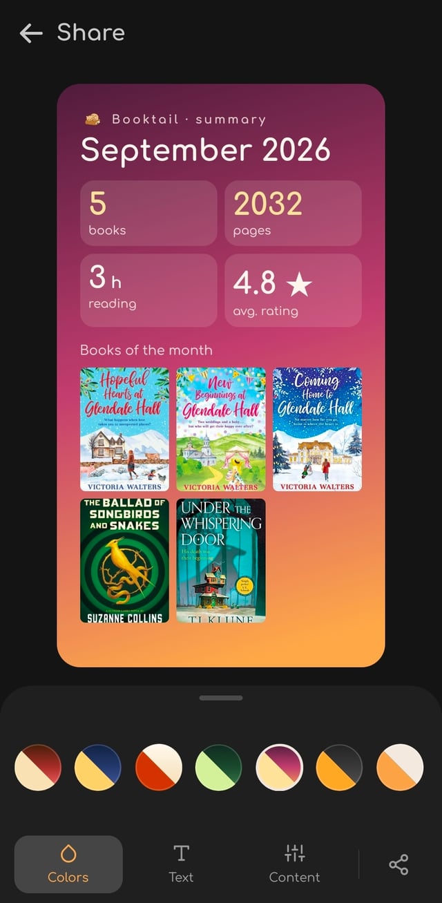 Share screen with a monthly recap card: books, pages, reading time, average rating and covers of the month